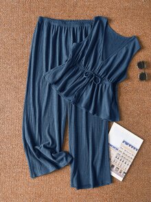 CosyJoli Setelan 2 Potong Kemeja Tanpa Lengan Bergaris Model A-Line dan Celana Panjang Kasual Potongan Lurus Ukuran Plus untuk Liburan - Dusty Blue - View 4