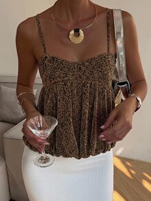 Livesso 女款全印花百褶休閒百搭日常穿著細肩帶背心上衣 秋季 - 黑色 - 查看 1
