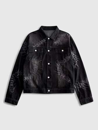 Men's Vintage Black Washed Denim Jacket, Gothic Centipede Embroidery Lapel Button-Up, Y2K Dark Punk Street Style Long Sleeve Denim Jacket, Loose Fit Washed Workwear Denim Top, Suitable For Autumn/Winter Daily Streetwear