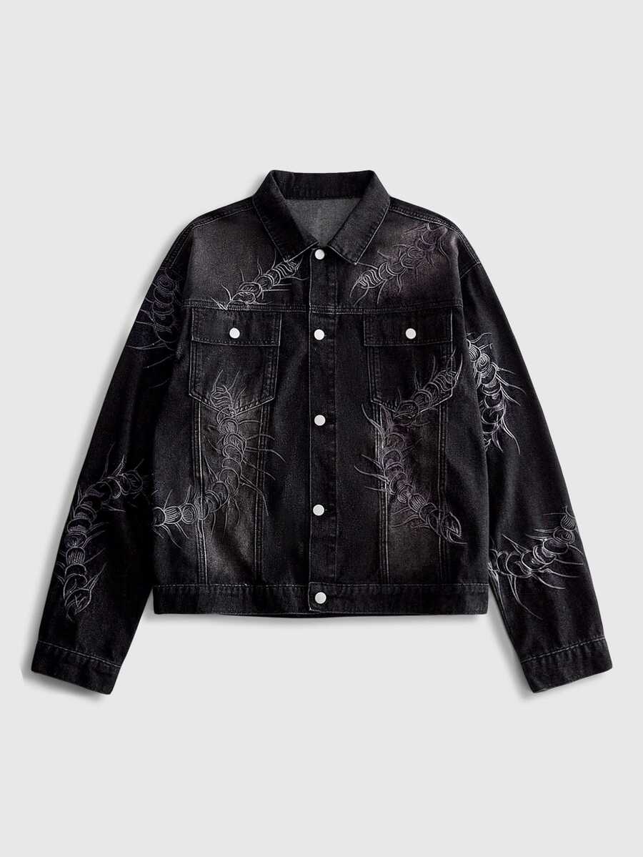 ROMWE MEN Men's Vintage Black Washed Denim Jacket, Gothic Centipede Embroidery Lapel Button-Up, Y2K Dark Punk Street Style Long Sleeve Denim Jacket, Loose Fit Washed Workwear Denim Top, Suitable For Autumn/Winter Daily Streetwear - Black - View 1