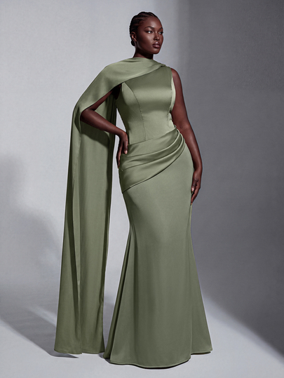 Elitara Plus Size Elegant Romantic Fashion Grey-Green Satin Boat Neck Pleated Decor Mermaid Tail Skirt With Train, Fashionable Influencer Style For Holiday, Vacation, Birthday Party, Wedding Event, Bridesmaid Dress