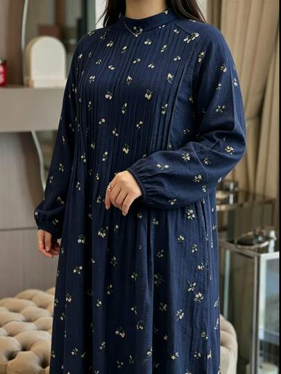 Al Najma Plus Size Women's Autumn/Winter Arabic Long Sleeve Loose Front Pleated Textured Fabric Ditsy Floral Loose Full Skirt Elegant Banquet Holiday Stand Collar Fashion Maxi Dress