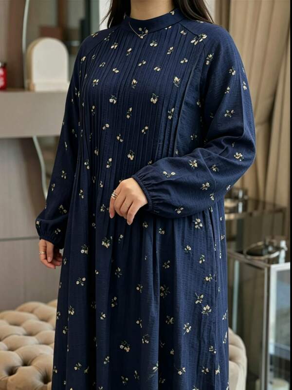 Al Najma Robe longue élégante pour femmes grandes tailles, style arabe, automne/hiver, manches longues, ample, plissée devant, tissu texturé, imprimé floral délicat, jupe ample, col montant, mode pour banquet et vacances
