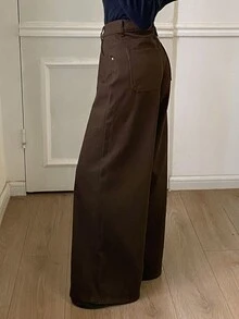 Livesso 女款純色休閒日常穿著寬腿牛仔褲 - 棕色 - 查看 3