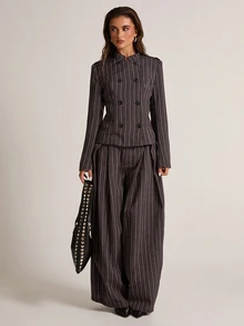SHEIN BAE Fashionable Commuter Striped Curved Leg Suit Pants - Brown - View 7