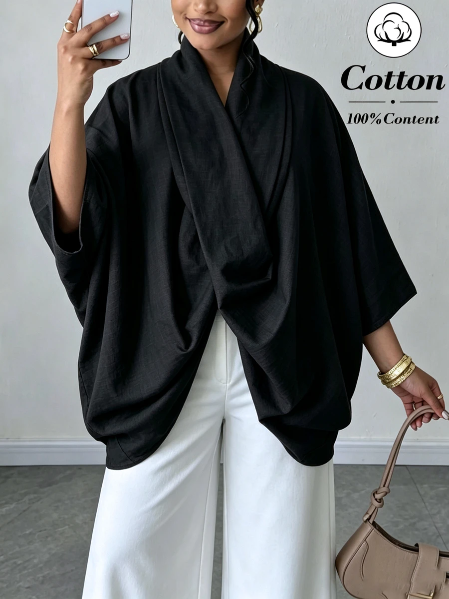 Lacomfia Cotton Linen Woven Loose Asymmetrical Design Casual Minimalist Elegant Plus Size Brown Shirt - Black - View 1