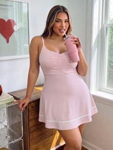 SHEIN Sovereign Charm Plus Size Women's Colorblock Pleated Casual Daily Sports Spaghetti Strap Dress - Pink - View 6