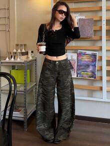 DAZY Celana Jeans Wanita Hitam Motif Kamuflase dengan Potongan Lurus Longgar, Model Street Casual, Musim Gugur - Hijau Tentara - View 7