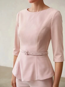 MOTF PREMIUM FASHIONABLE ELEGANT SLIMMING WAIST TOP WITH ASYMMETRICAL HEM AND EXQUISITE WOMEN'S COMMUTER LONG PANTS TWO PIECES SET - Pink - View 4