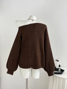 Elamini Women's Brown Casual Versatile Daily Commute Home Wear Fuzzy Asymmetric Neck Sweater 2 Pieces Set - Brown - View 2