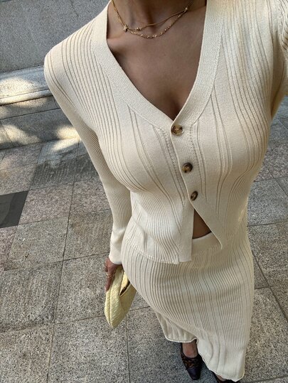 FavEase Women's Autumn/Winter Lazy Casual Fashion Date Sexy Elegant V-Neck Sweater 2-Piece Set