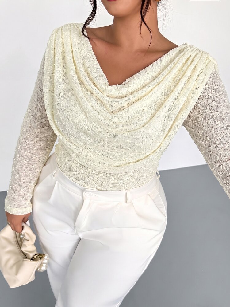 Firerie Kaos Lengan Panjang Jacquard Bertekstur Aprikot Musim Gugur/Dingin, Kerah Model Cowl, Pinggang Berkerut, Model Ramping/Jaring Dua Lapis Elegan - Aprikot - View 5