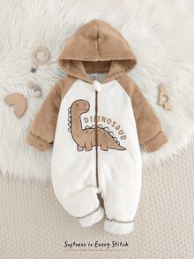 Cozy Pixies 男嬰卡通恐龍圖案保暖內裡拼接色連帽長袖連身衣，秋冬款，百搭舒適 - 卡其色 - 查看 4