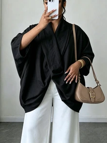 Lacomfia Cotton Linen Woven Loose Asymmetrical Design Casual Minimalist Elegant Plus Size Brown Shirt - Black - View 6