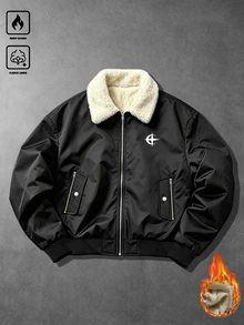 Manfinity EMRG Jaket Pria Musim Gugur/Dingin Motif Bintang & Bulan, Berlapisan Bulu Domba, Kerah Lipat, Manset Bergaris, Penutup Resleting & Kancing, Jaket Kerja Luar Ruangan - Hitam - View 3