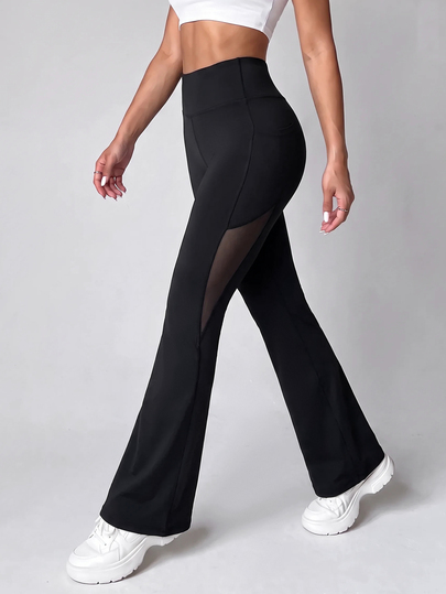 SHEIN Dewbera 1pc Women's Black Pocket Flare Pants, New Style Suitable For Yoga, Running, Cycling, Fitness, Outdoor Casual Activities, All Seasons, Hot Selling