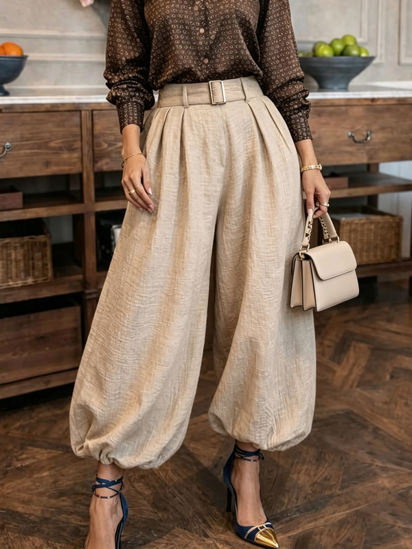Balvessa French Vintage Textured Linen Lantern Wide Leg Pants For Women, High Waist With Belt, Cuffed Ankle Cropped Casual Pants
