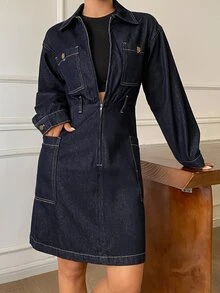 DAZY Women's Washed Denim Original Color Loose Fit Short Denim Dress - Dark Wash - View 1
