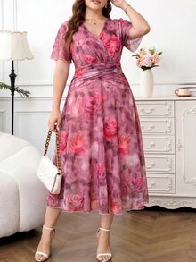 Reflora Plus Size Elegant Commuter Floral Print Dress - Hot Pink - View 1