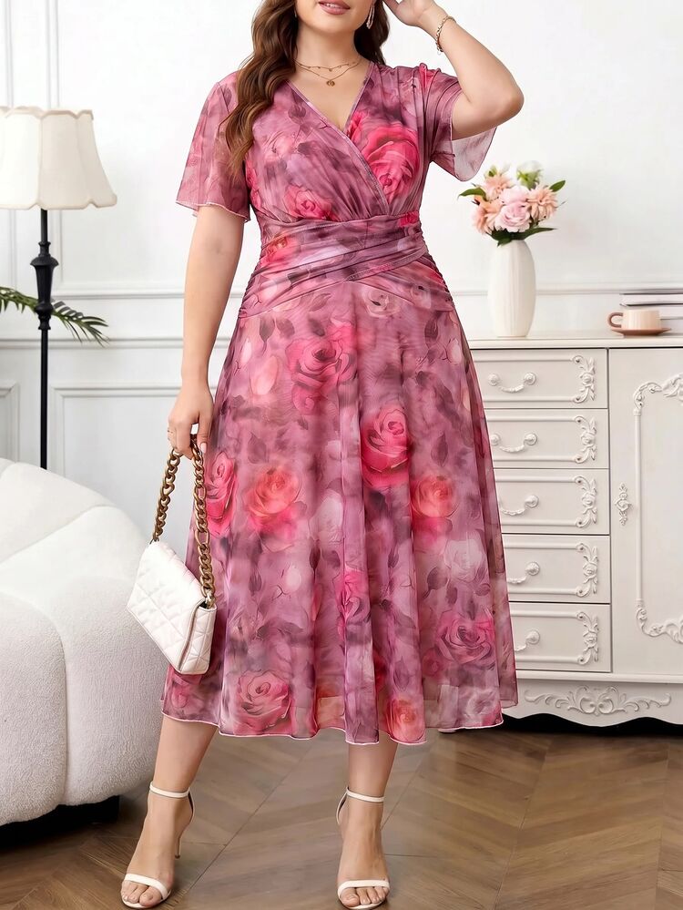 Reflora Plus Size Elegant Commuter Floral Print Dress - Hot Pink - View 1