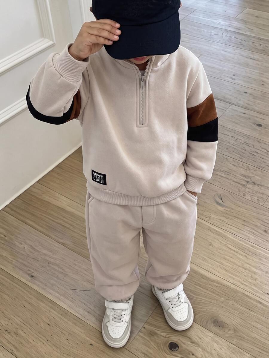 SHEIN Playful Pals 幼兒男童休閒拉鍊極簡風日常米色拼接抓絨長版連帽衛衣套裝，連帽上衣與運動長褲套裝 - 白色 - 查看 1