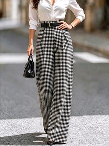 SHEIN LUNE Fall Clothes FOR WomenWomen's Fashion Commute Houndstooth High Waist Long Pants - Multicolor - View 3
