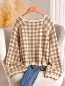 CosyJoli Sweater Lengan Panjang Kasual Serbaguna untuk Wanita Ukuran Besar, Motif Kotak-kotak, Cocok untuk Pemakaian Sehari-hari di Musim Dingin. - Aprikot - View 3