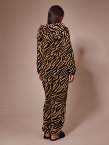 Lazeform American Retro Animal Print Plush Oversized Slimming Long Sleeve Jumpsuit Loungewear - Multicolor - View 2