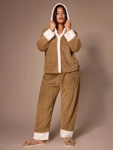 Lazeform Coral Fleece Soft Warm Contrast Color Hooded Plus Size Pajama Set 2pcs - Multicolor - View 6