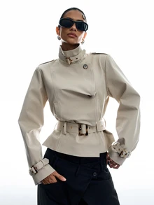 LYSMO Women's Solid Color Stand Collar Button Design Casual Versatile Long Sleeve Jacket - Apricot - View 6