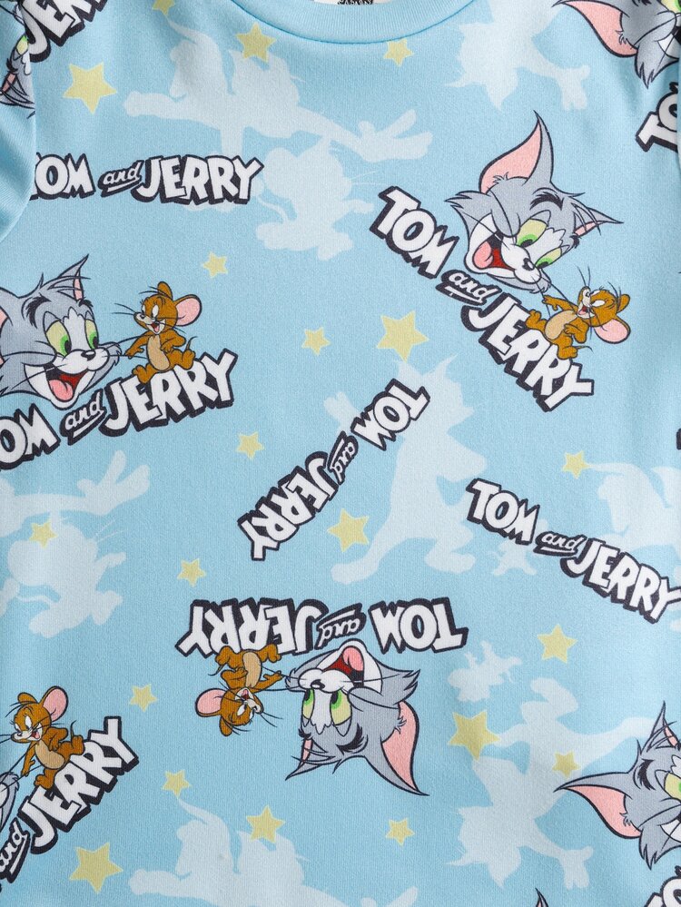 TOM & JERRY X SHEIN 小男孩卡通印花短袖上衣與修身短褲家居服套裝 - 藍色 - 查看 4