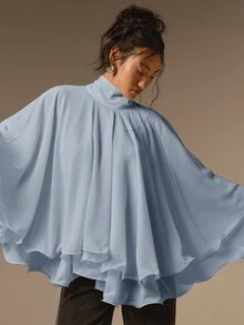 COSMINA Women's Solid Color Stand Collar Casual Versatile Daily Chiffon Blouse - Baby Blue - View 4