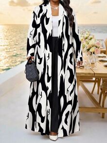 SHEIN Lady CURVE Plus Size Fashion Commuter All-Over Print Jacket & Pants 2 Pieces Set - Multicolor - View 5