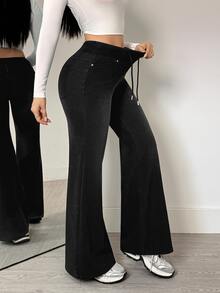 Flexra Vintage Gradient Washed Comfortable Elastic Drawstring Waist Distressed Denim Loose Flared Pants Four-Way Stretch Slimming Leg-Lengthening Bell Bottom Long Pants Commute Slouchy Casual Super Soft Jeans - Black - View 7
