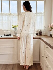 Snug Reverie French Romantic Vintage Polka Dot Lace Trim Pajama Set, Ruffle Decor Long Sleeve Loungewear 2 Pieces Set - Apricot - View 2