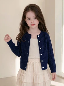 Dazy Kids Young Girls' Casual Cardigan Sweater, Basic Autumn/Winter Outer Layer, Navy Blue Contrast Color Button Front - Navy Blue - View 7