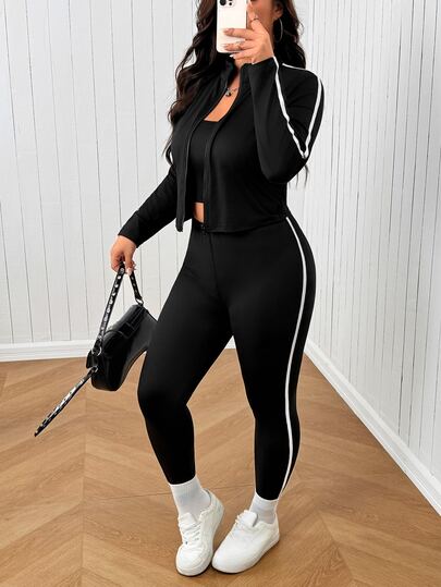 SHEIN EZwear Plus Size Cropped Jacket & Leggings 2pcs Set