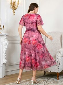 Reflora Plus Size Elegant Commuter Floral Print Dress - Hot Pink - View 2