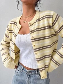 SHEIN BASICS Women's Casual Cardigan, Autumn/Winter Clothing, Y2K Style, Striped Cardigan - Yellow - View 1