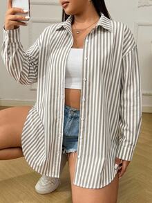 SHEIN EZwear 女款大尺碼杏色拼色條紋長袖襯衫 - 卡其色 - 查看 1