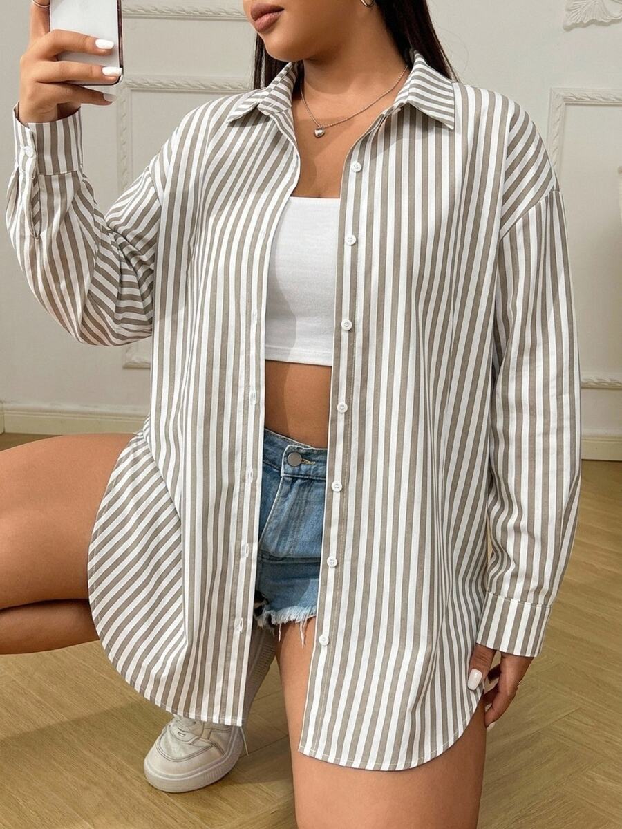SHEIN EZwear 女款大尺碼杏色拼色條紋長袖襯衫 - 卡其色 - 查看 1