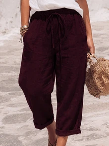 SHEIN Holidaya Casual Vacation Style Solid Color Long Pants - Red - View 5