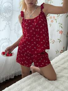 CottageSlumber Romantic Burgundy Bow Print Ruffle Trim Camisole & Shorts Pajama Set - Burgundy - View 4