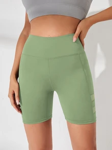 SHEIN Sports 網格拼接高腰無縫運動短褲（附口袋） - 綠色 - 查看 4