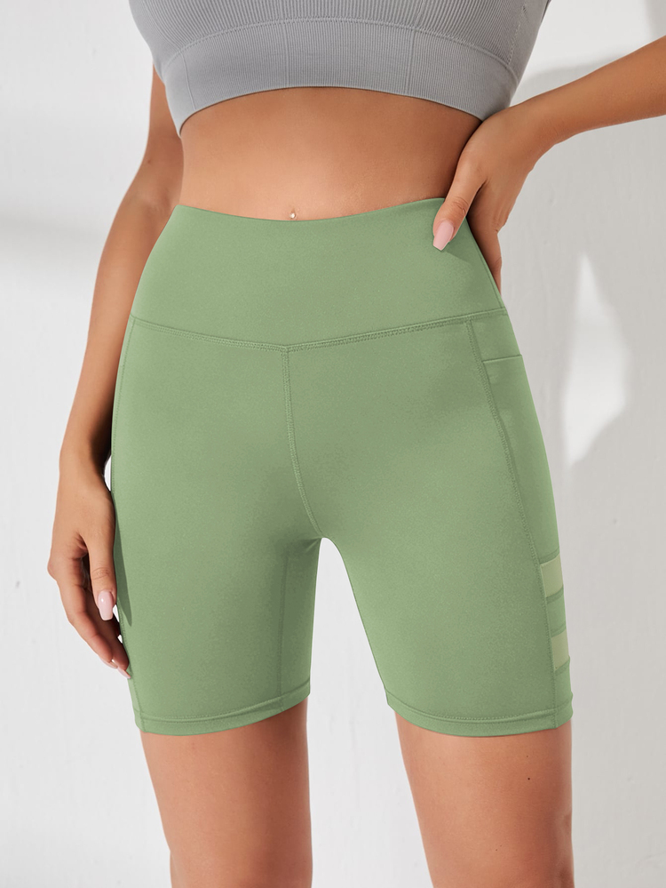 SHEIN Sports Mesh Patchwork High Waist Seamless Sports Shorts (With Pockets) - Green - View 4