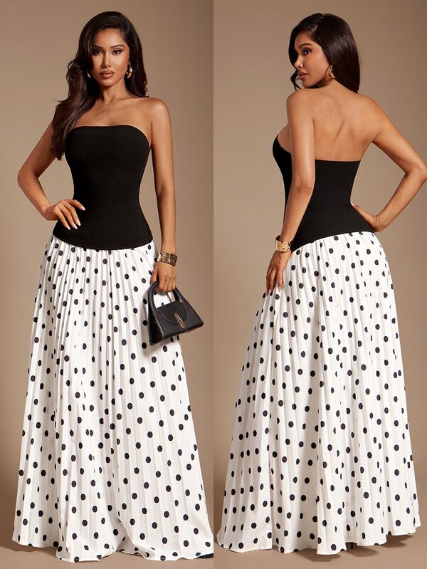 Radiana Women's Elegant Chic Black Bandeau Top + Pleated Polka Dot Long Skirt Set, Basic Versatile, Daily Casual, Streetwear, Shopping, Gathering, Vacation, Beach, Date, Birthday, Graduation Dress, Island, Old Money Style, Commute, Office, Music Festival, House Party, Party
