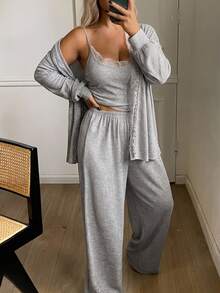 Dazy Plus Plus Size Women Lace Patchwork Camisole, Long Sleeve Cardigan And Pants Casual Daily Home Sleepwear Set Fall - Grey - View 4