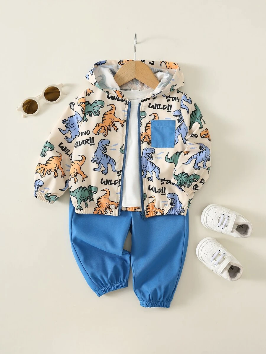 SHEIN 男嬰卡通恐龍圖案拼色連帽長袖外套與鬆緊腰長褲2件套,百搭舒適 - 彩色 - 查看 1
