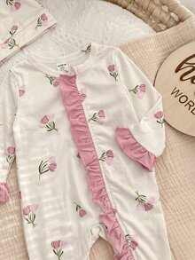 SHEIN 可愛新生女嬰針織蝴蝶結荷葉邊連身衣 - 粉色 - 查看 7