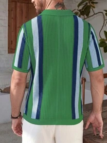 Manfinity Homme European American Blogger Style Fashion Design Casual Vacation Hollow Knit Pullover Top For Men, Spring/Summer Green Striped Colorblock Knit Top - Green - View 2